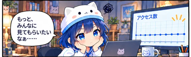 アクセス数のグラフを前に、頬づえをつくこよみ